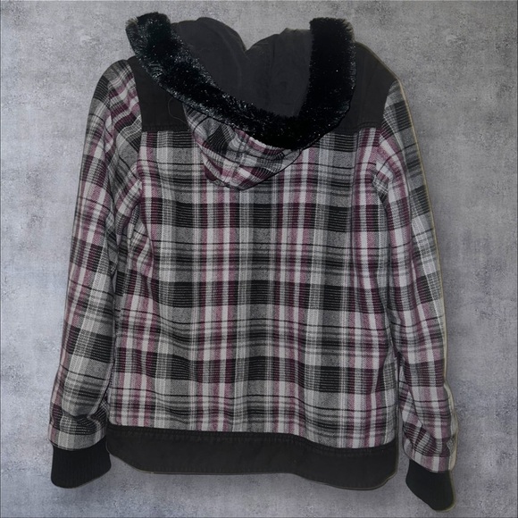 Fox Plaid Hooded Jacket with Faux Fur Trim - Picture 4 of 5